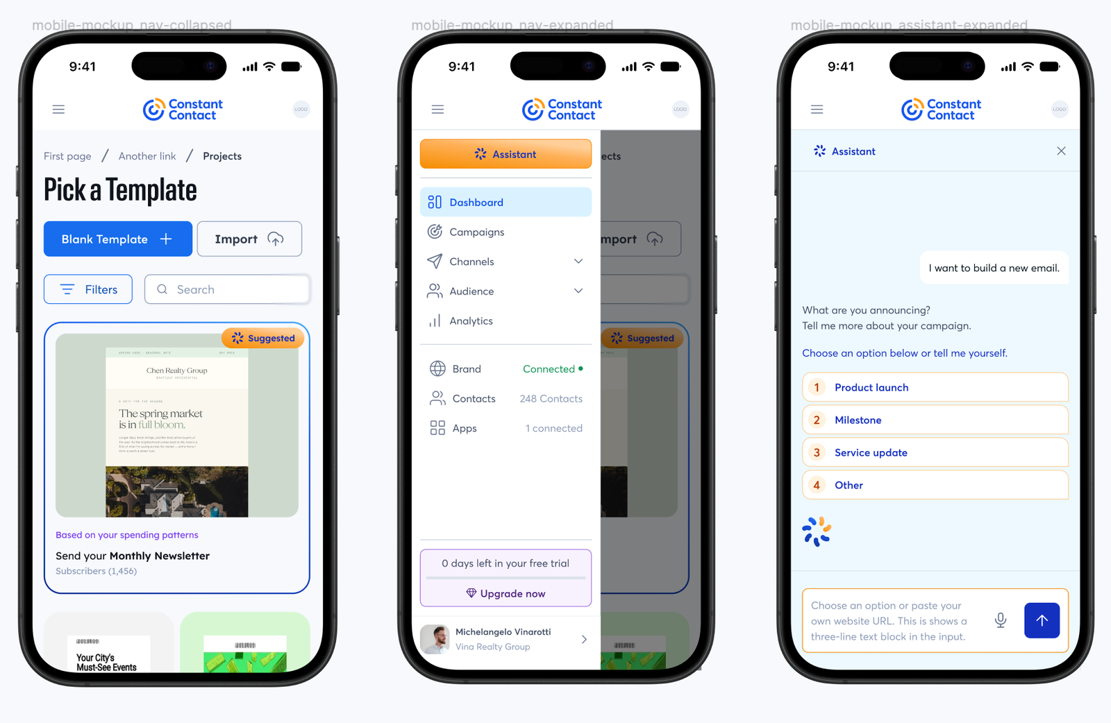 The assistant across collapsed navigation, expanded navigation, and full assistant views on mobile