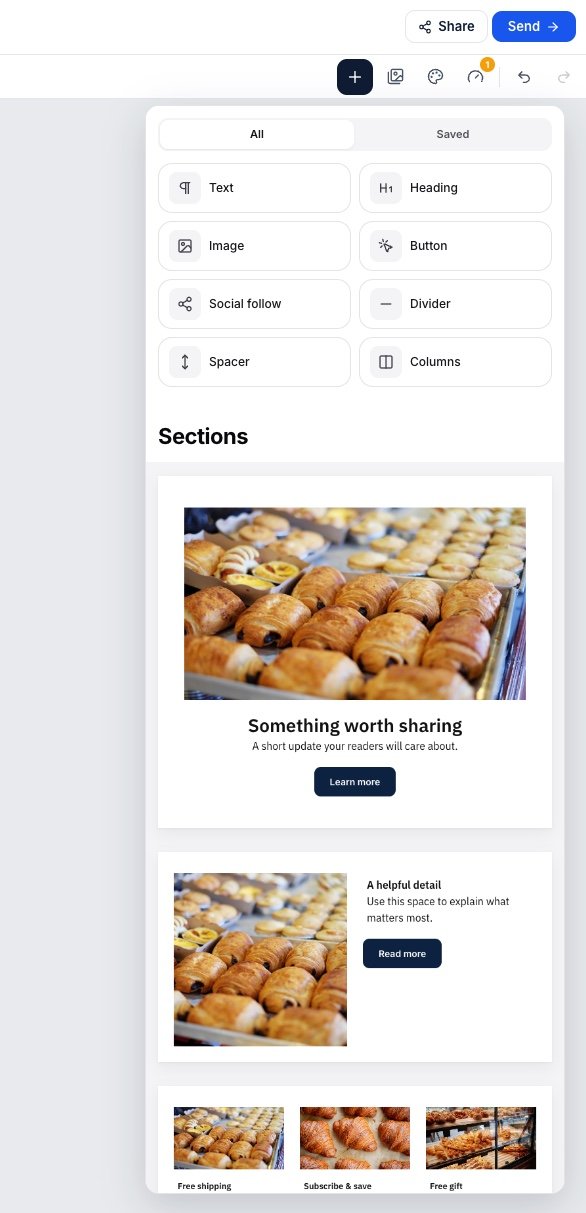 The add a block panel listing text, heading, image, button, social follow, divider, spacer, and columns, with prebuilt sections beneath