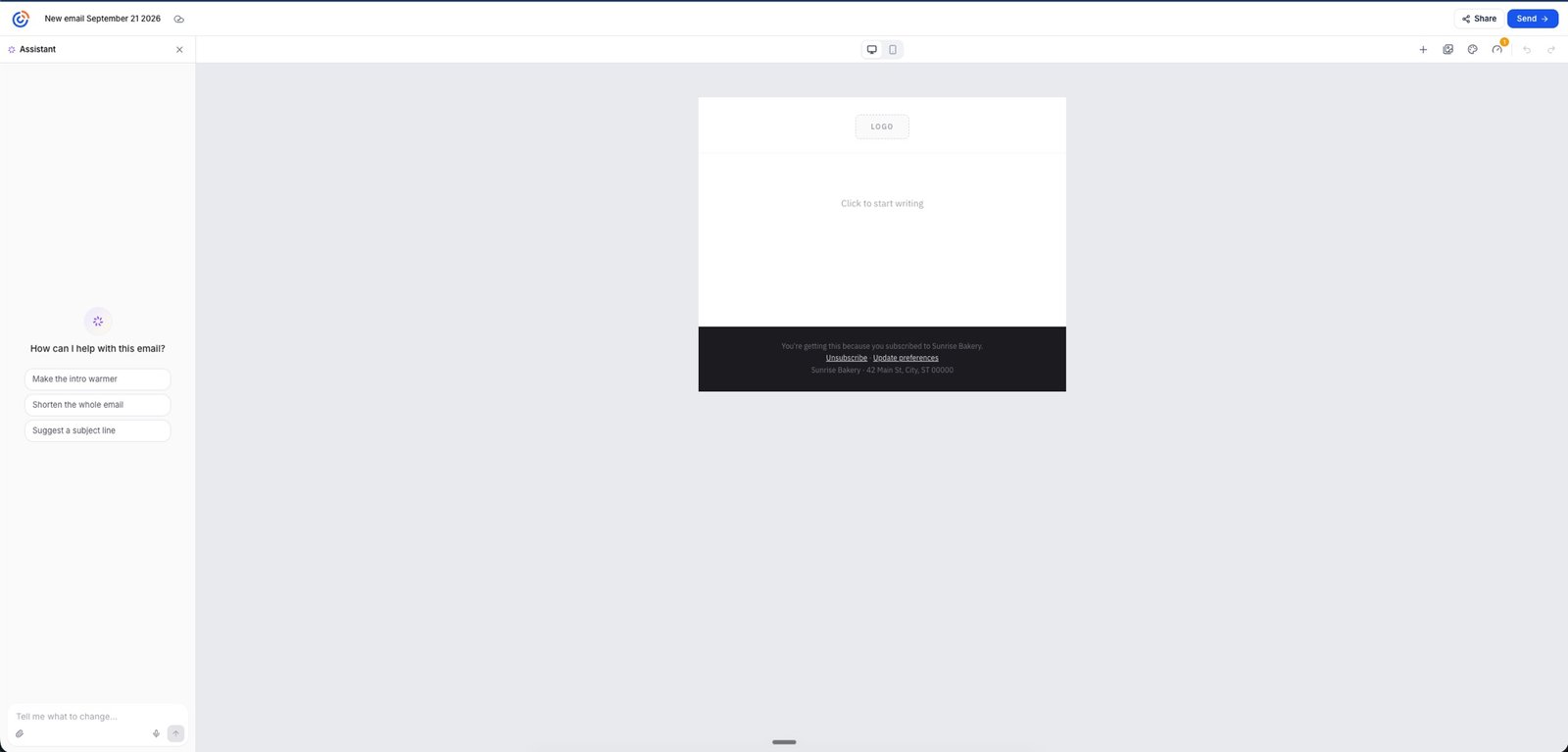 The new email editor opening on a blank canvas with the assistant panel on the left and the prompt to click and start writing