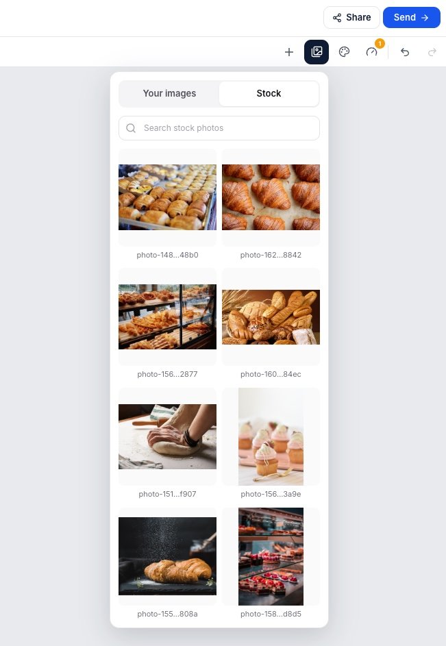 The image panel with tabs for your images and stock, a search field, and a grid of bakery stock photographs
