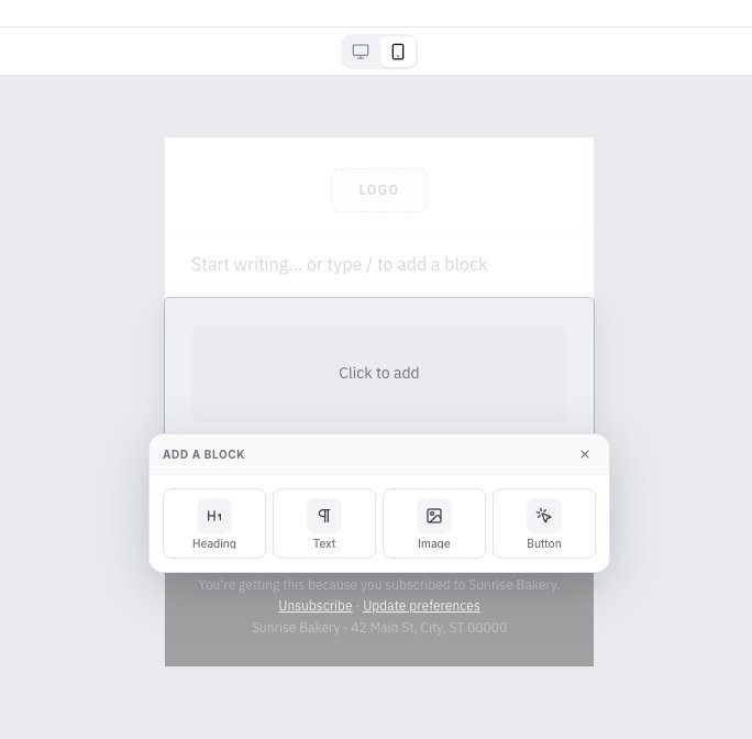 The editor in mobile preview mode, showing the email at phone width with the add a block panel open