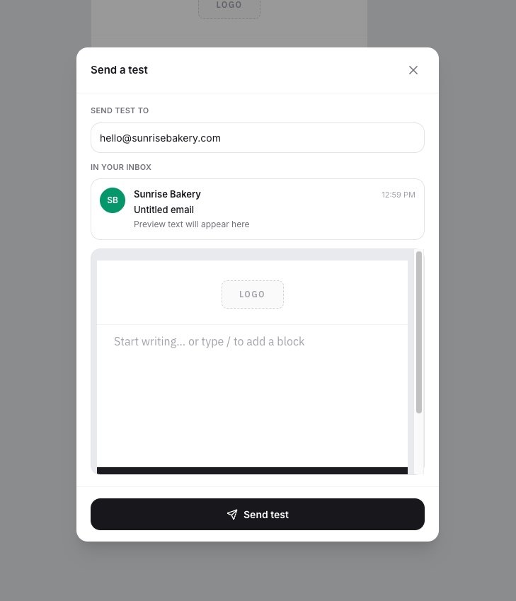 The send a test dialog with a recipient address, an inbox preview showing sender, subject and preview text, a scrollable email preview, and a send test button