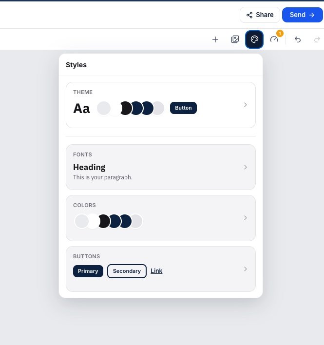 The styles panel showing theme, fonts, colors, and primary, secondary, and link button styles