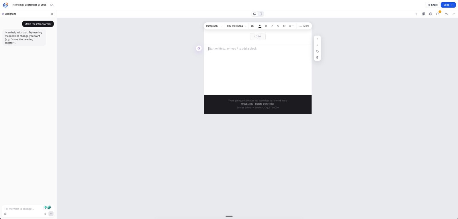 The editor with a contextual text formatting toolbar above the canvas, showing paragraph style, font, size, colour, and alignment controls